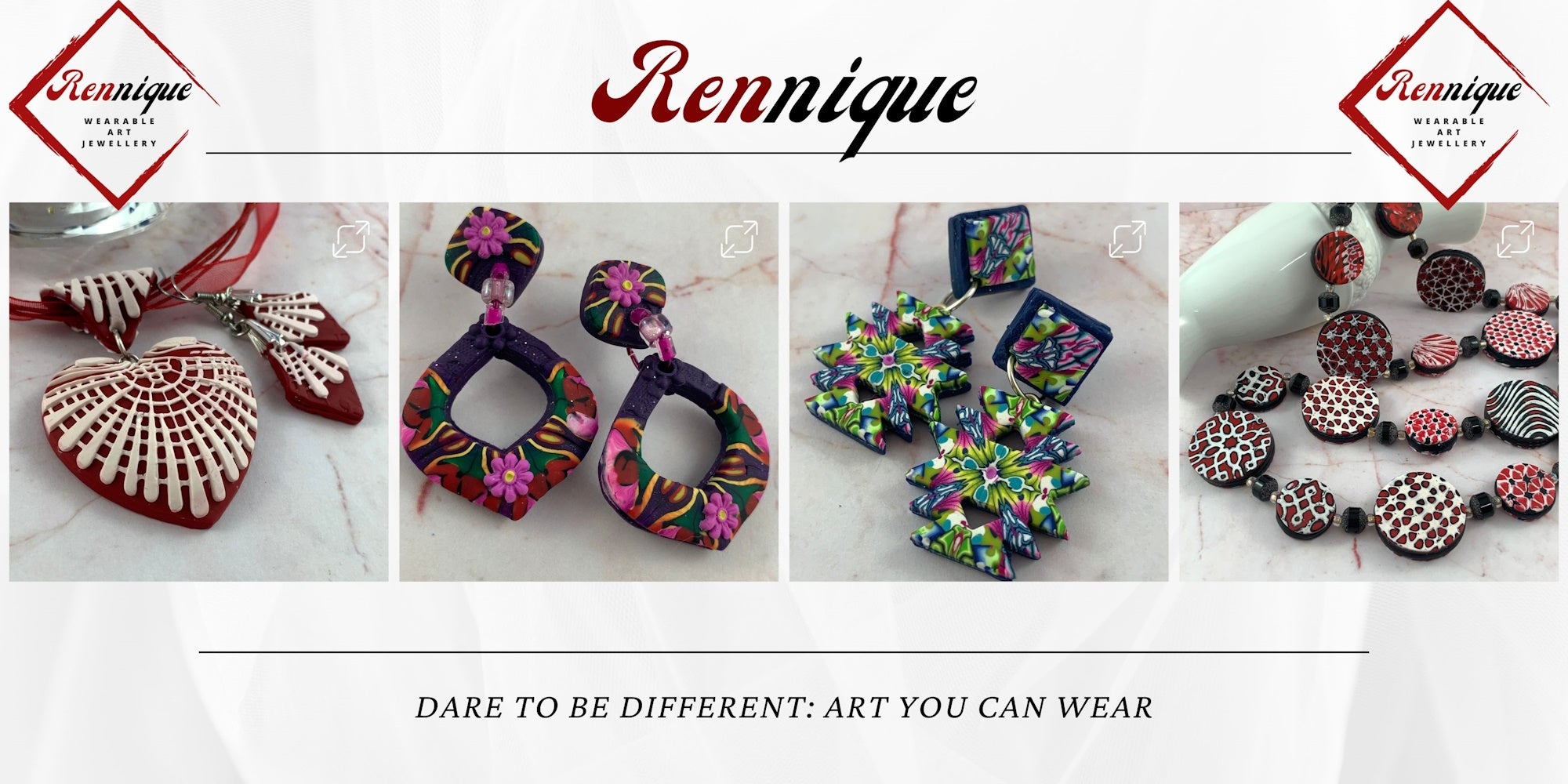 Collage of colorful jewelry with Rennique branding on a white background