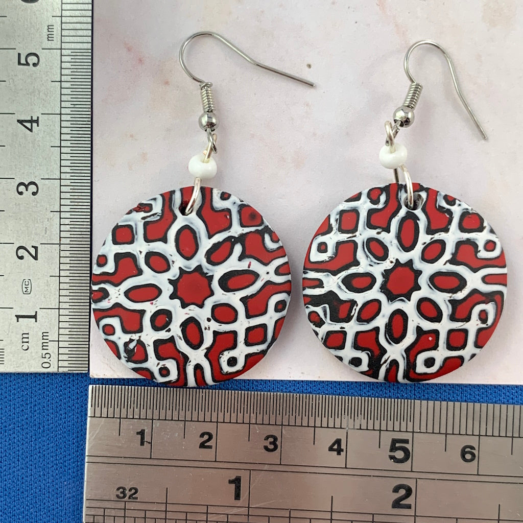 Ladies earrings in Red, black and white geometric pattern