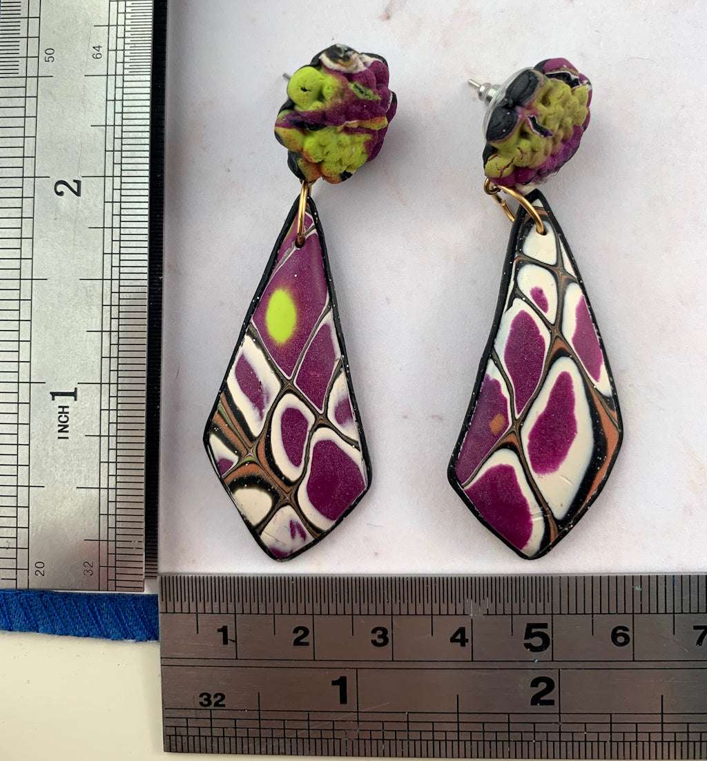 Long Abstract Purple and Mustard Earrings