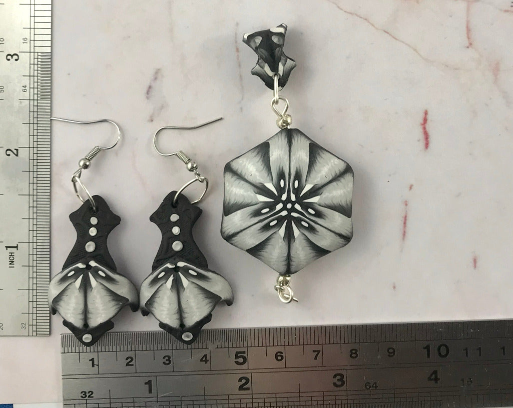 One of a kind handmade black white and grey polymer clay pendant with matching earrings, abstract monochrome statement jewellery set, artisan made in Australia