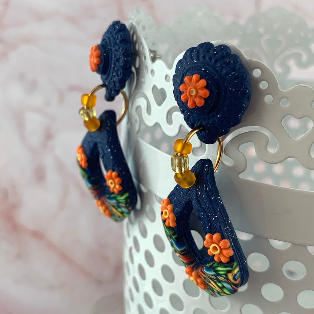 Blue and orange flower earrings