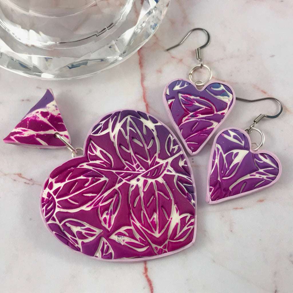 large Pink heart pendant and earrings 1