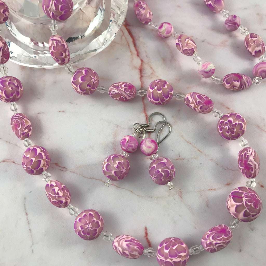 long pink flower necklace set