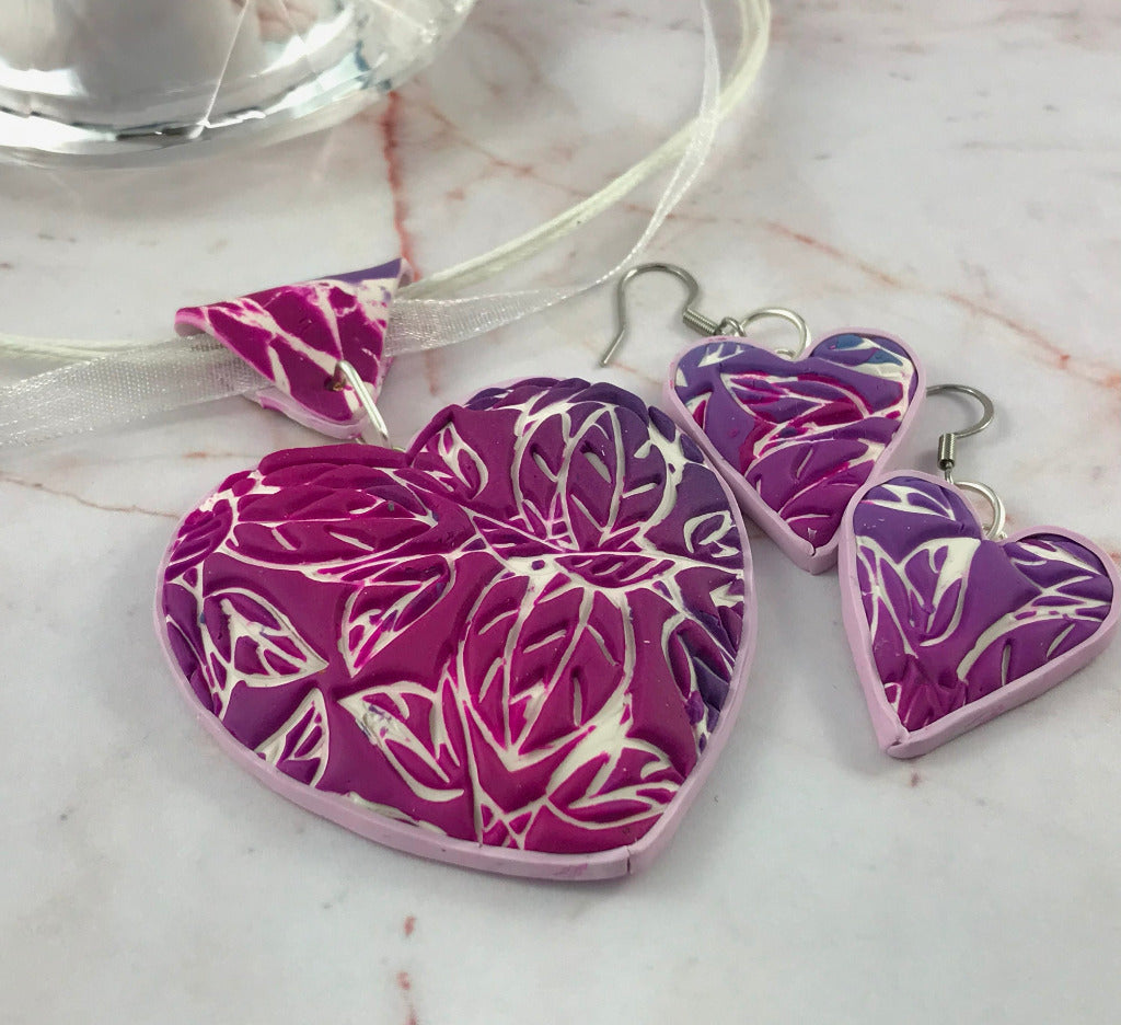 large Pink heart pendant and earrings 1