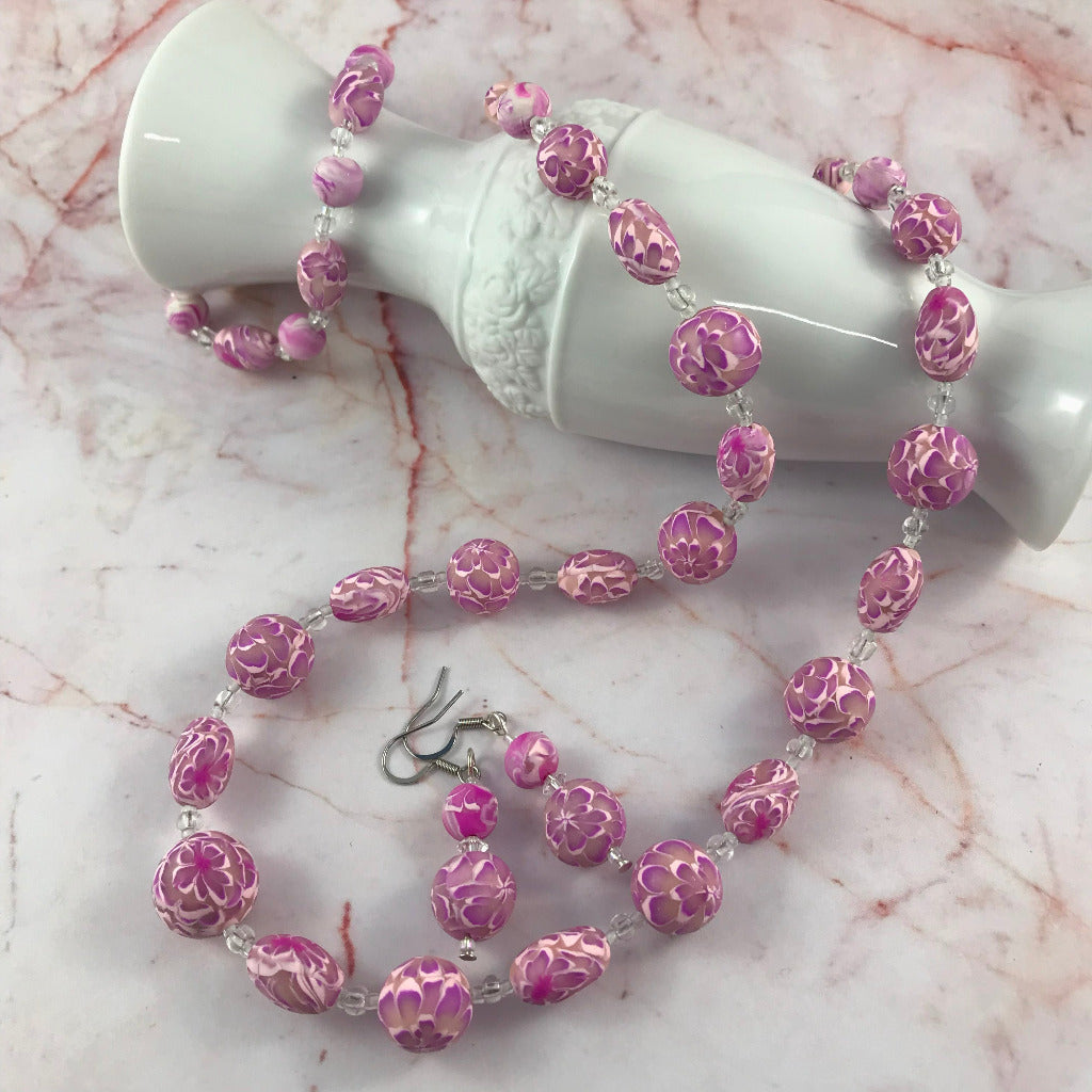 long pink flower necklace set