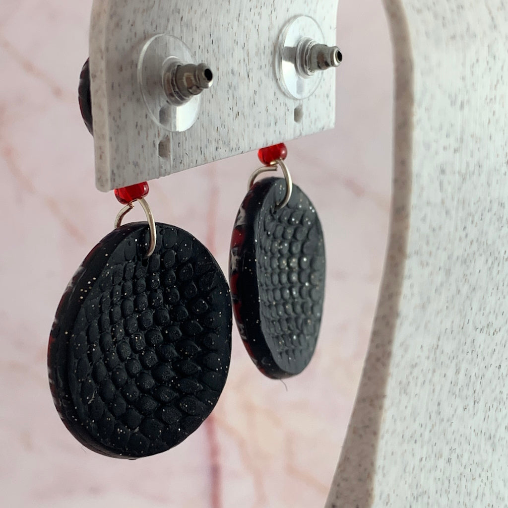 Red black and white geometric long necklace and earrings