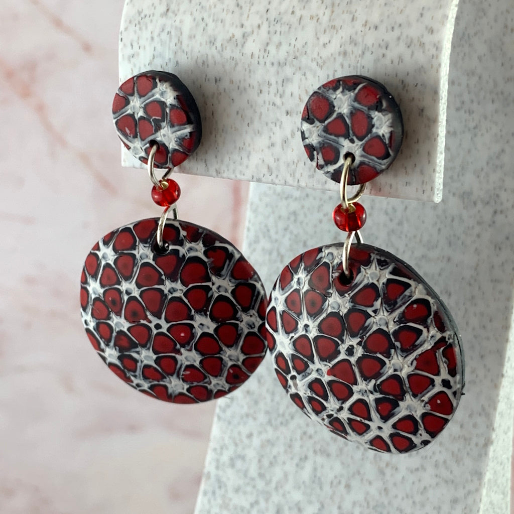 Red black and white geometric long necklace and earrings
