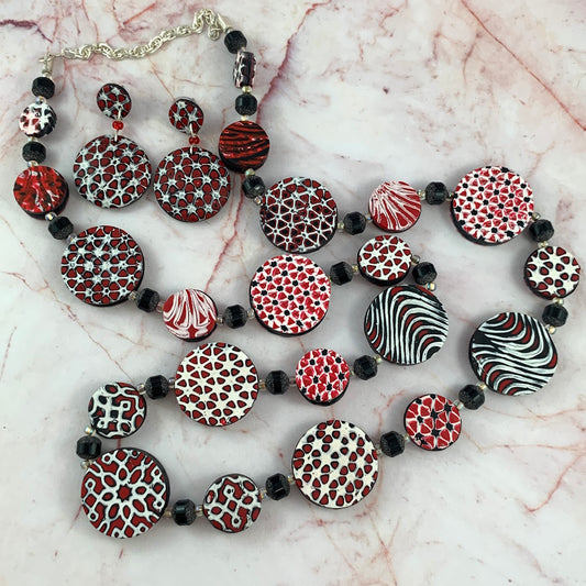 Red black and white geometric long necklace and earrings