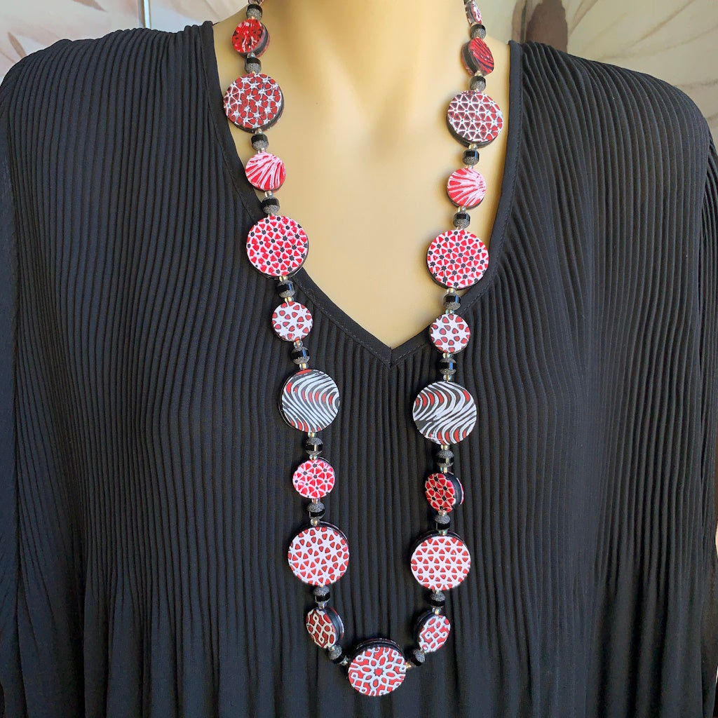 Red black and white geometric long necklace and earrings