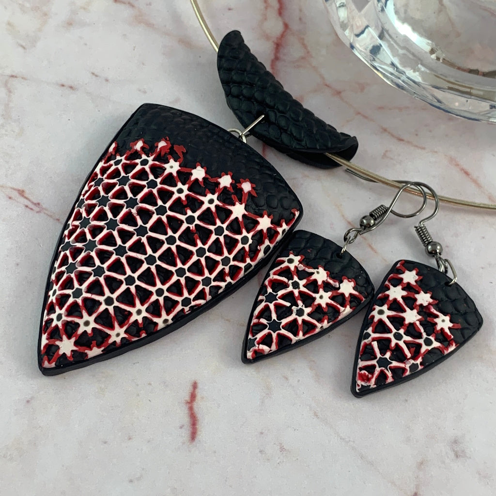 Statement Geometric Polymer Clay Jewellery Set (Black, Red & White)
