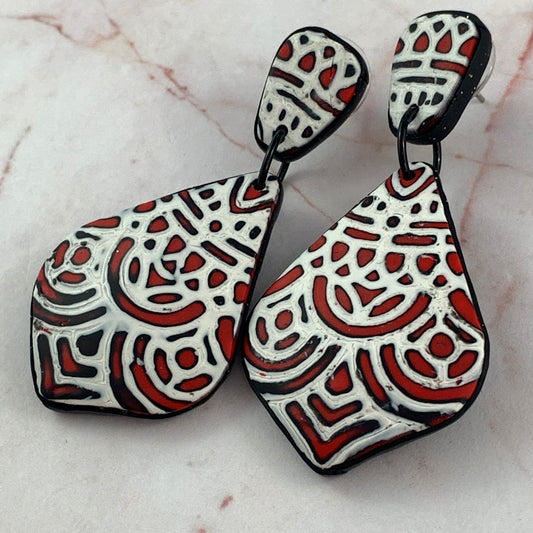 Mandala earrings in red, black and white