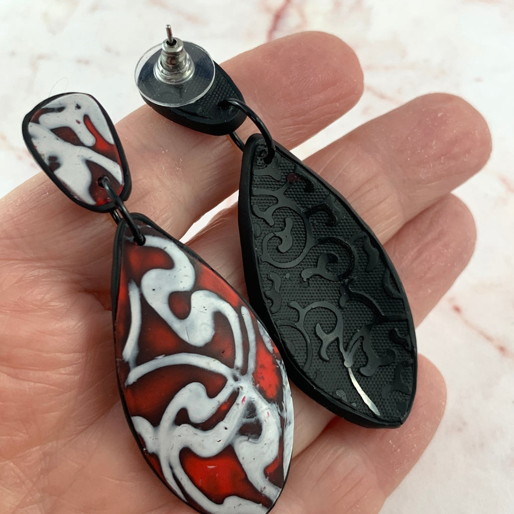 Ladies Red, Black and White drop earrings