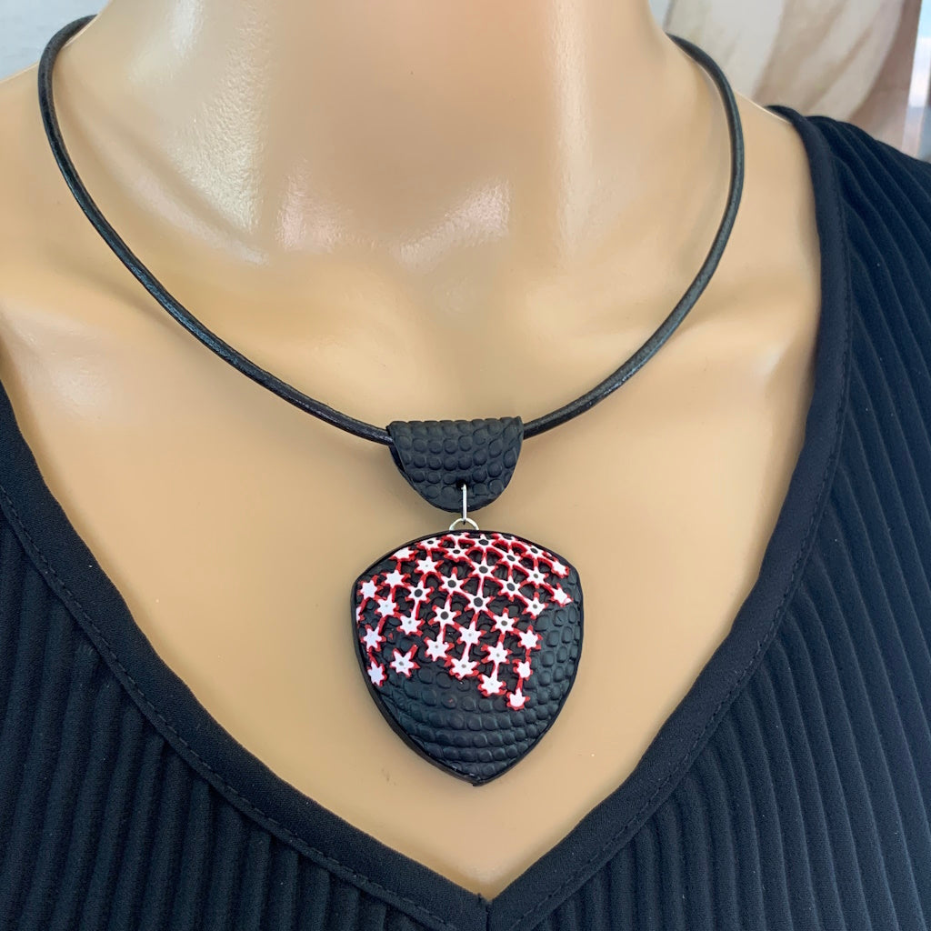 Feature Pendant with bold raised geometric pattern-red,white and black