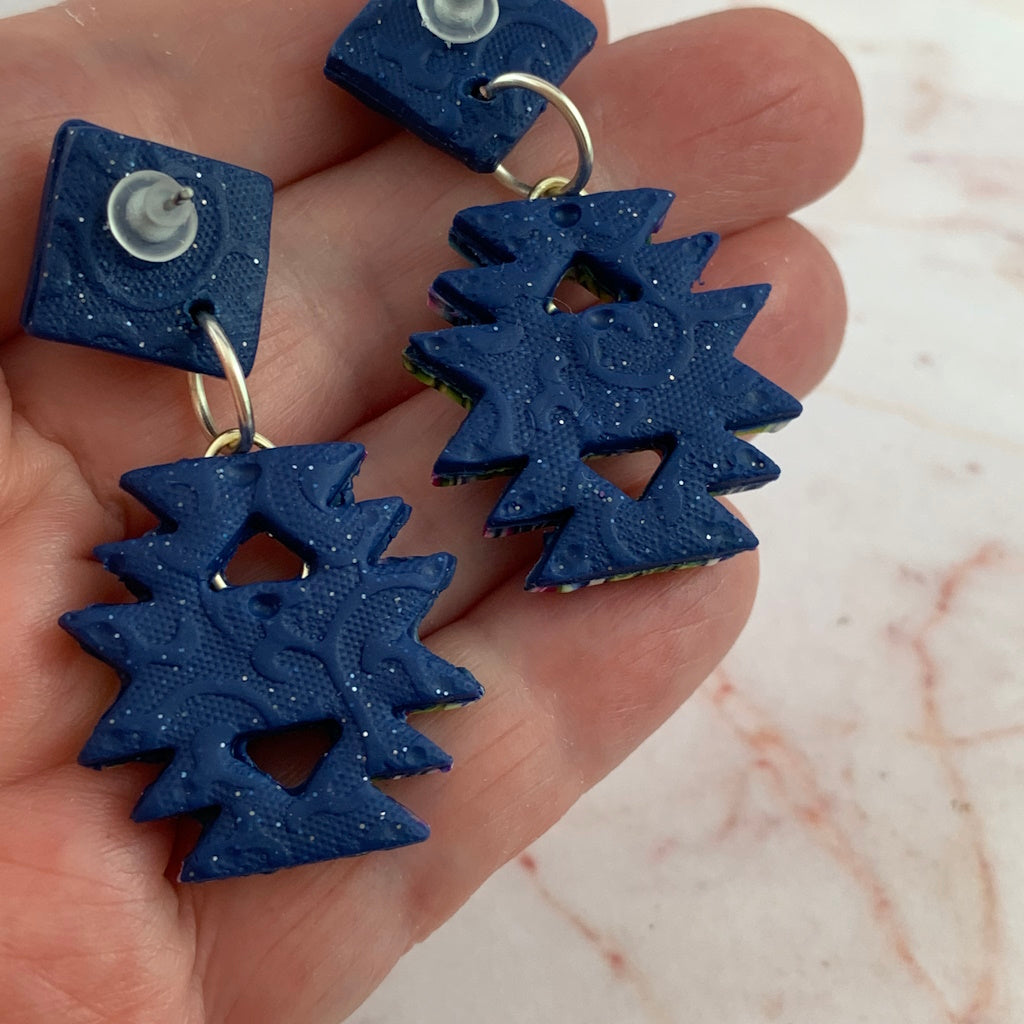 Rear detail view of Australian artist made Aztec inspired fashion earrings showing navy textured backing and handcrafted finish.
