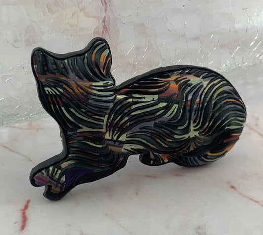 Handmade black kitty cat brooch with multicolour pattern and textured fur design, unique artisan jewellery Australia