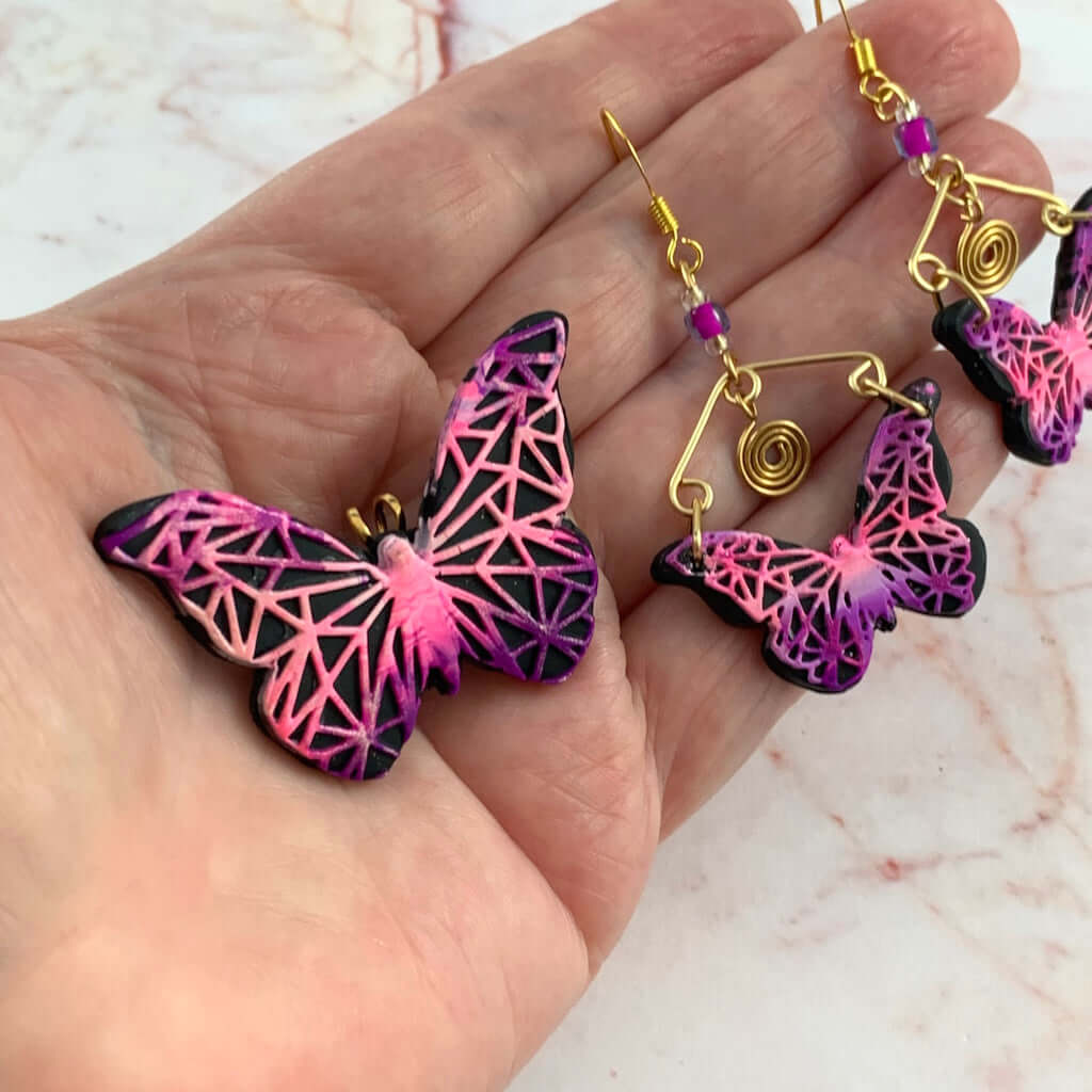 Matching butterfly earrings and pendant brooch set in pink purple, handmade polymer clay jewellery set