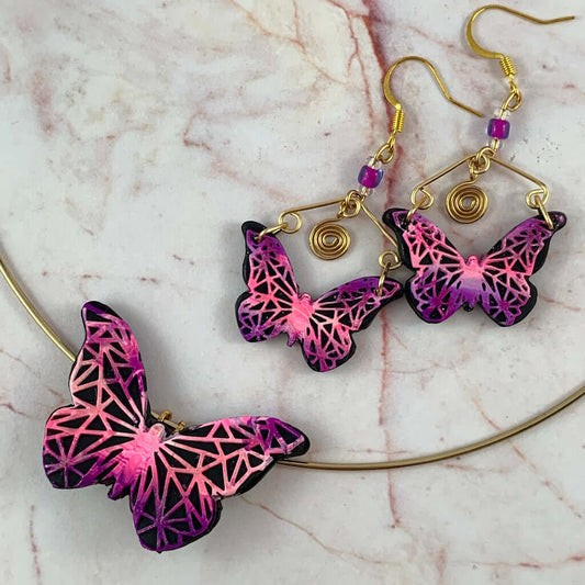 Complete butterfly jewellery set with pendant brooch and earrings, geometric design handmade statement piece