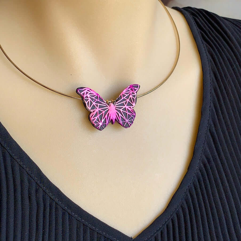 Butterfly pendant on modern wire necklace, pink purple handmade statement jewellery piece