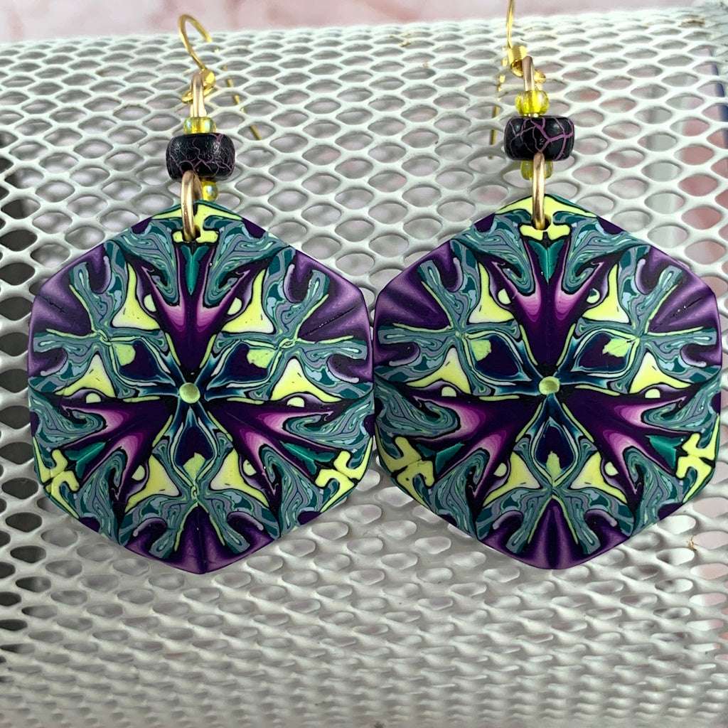 Contemporary studio jewellery artistic earrings with unique abstract pattern, handmade wearable art design