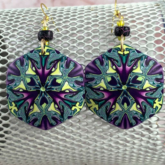 Contemporary studio jewellery artistic earrings with unique abstract pattern, handmade wearable art design