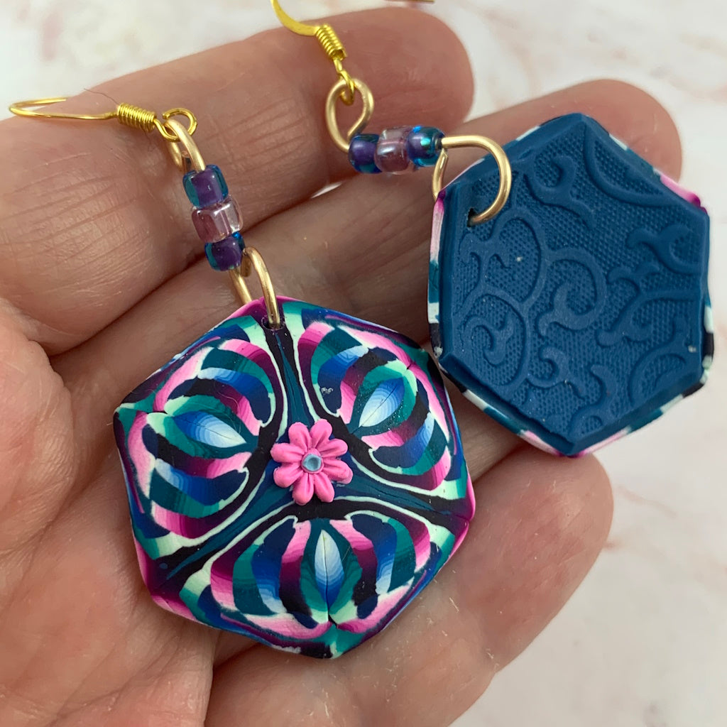 Designer polymer clay earrings, vibrant floral pattern and gold findings, contemporary jewellery