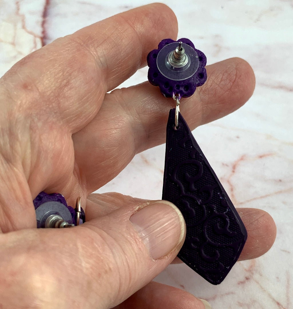 Close-up back view of matching covered post fittings on handmade statement earrings.