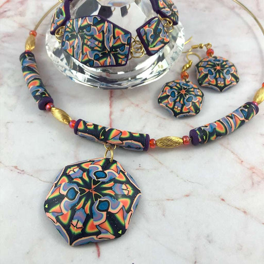 Handmade Exotic Colour Combo Changeables jewellery set front view with geometric pendant, earrings, and bracelet by Rennique.
