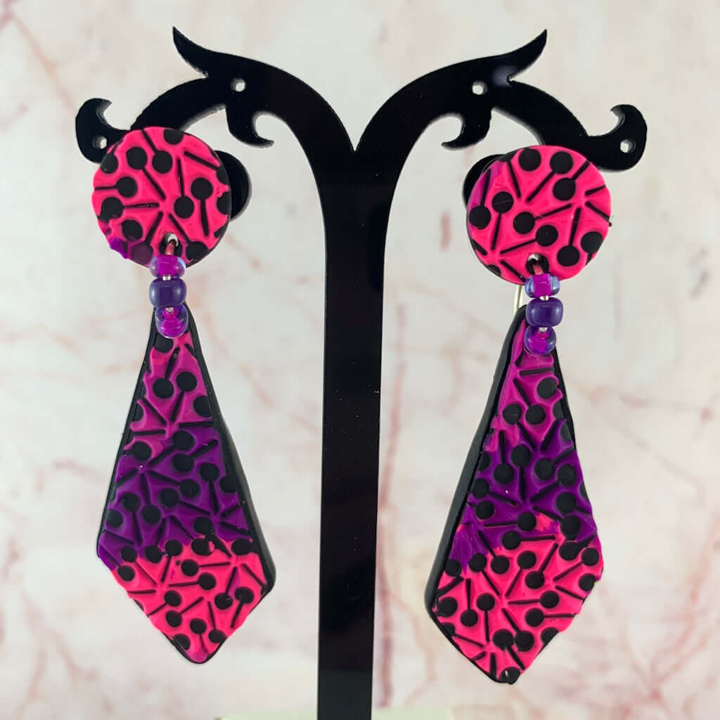Pink and purple fashion earrings handmade by Rennique Australia, bold designer statement jewellery with textured finish