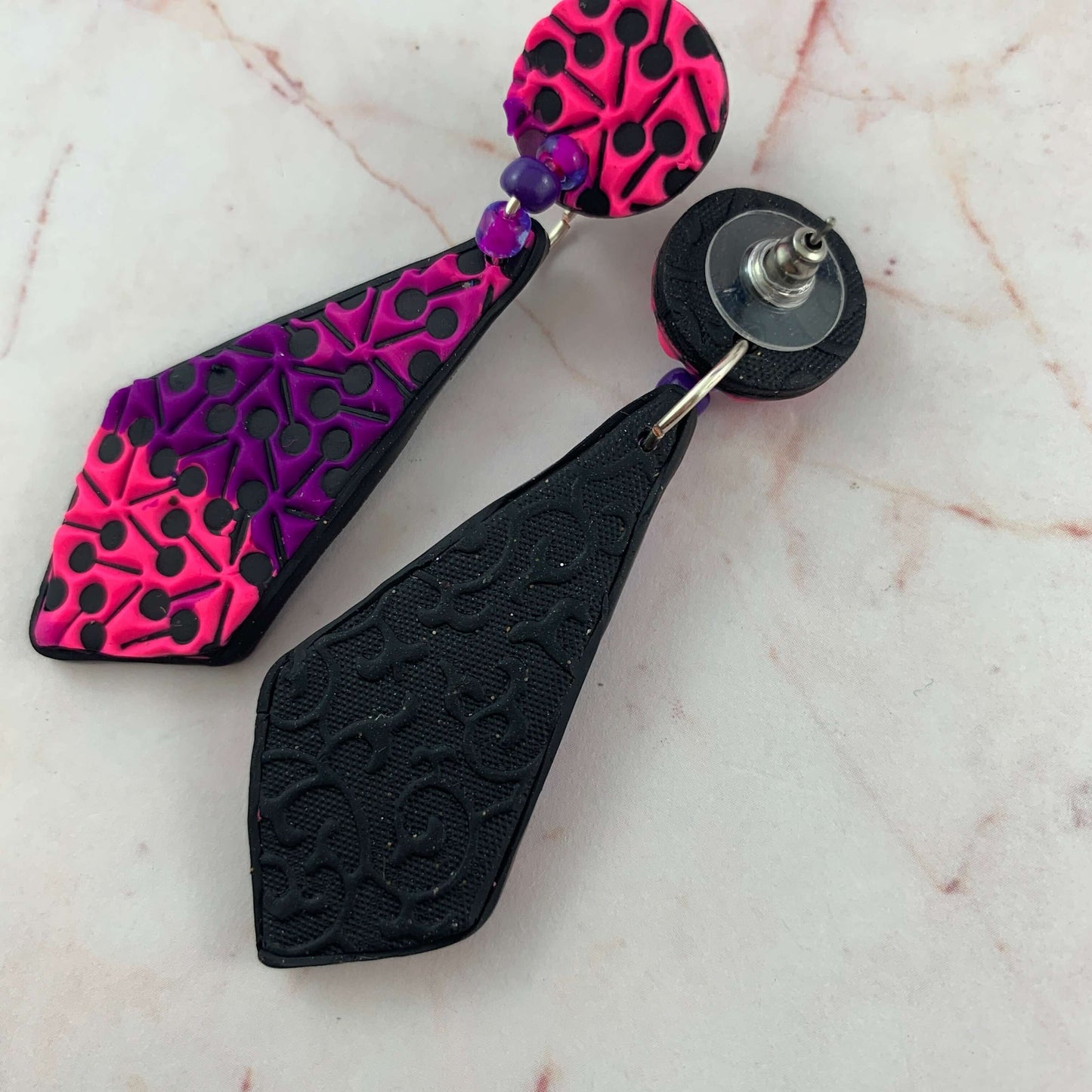 Handmade in Australia pink and purple polymer clay earrings by Rennique, lightweight statement jewellery