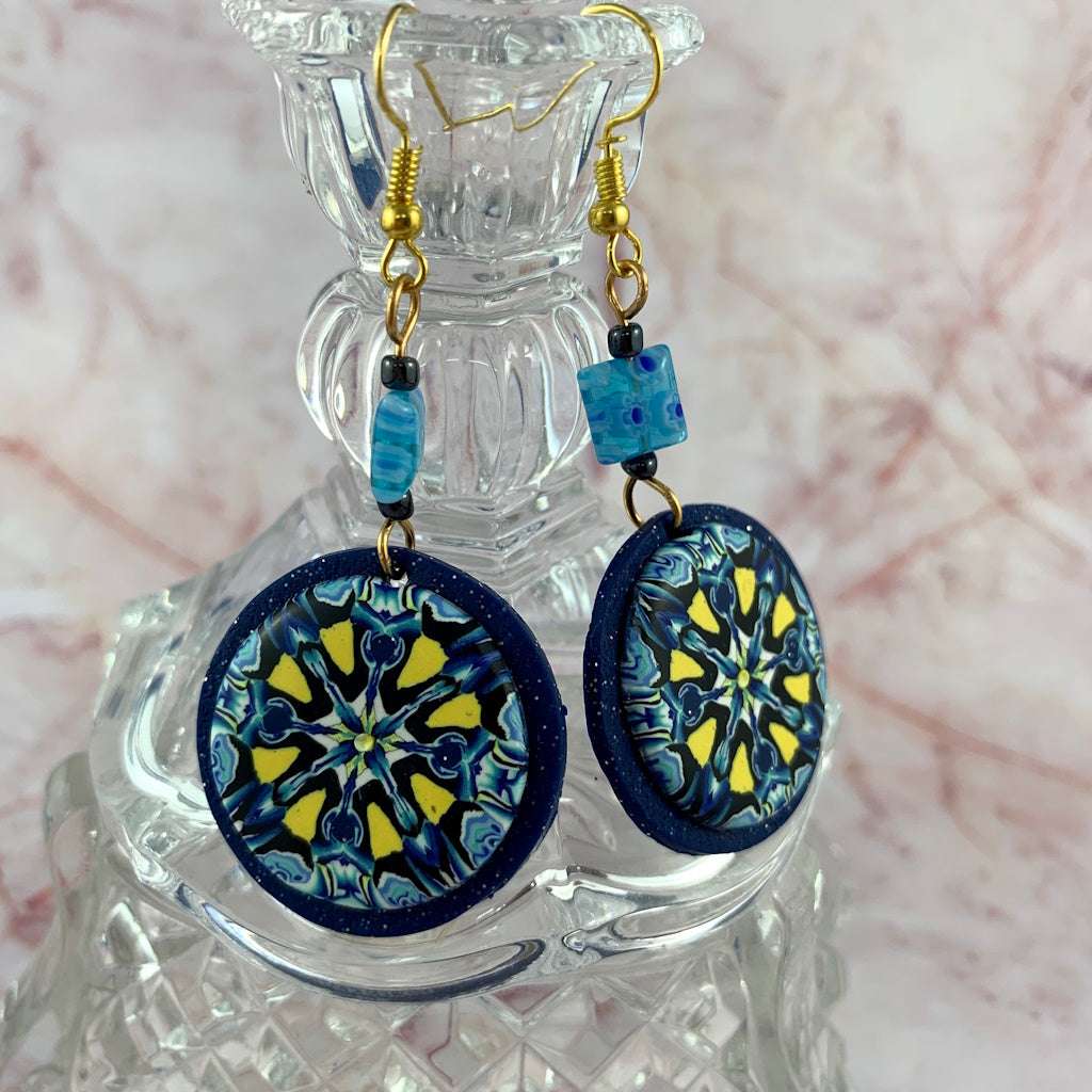 Round blue and yellow earrings