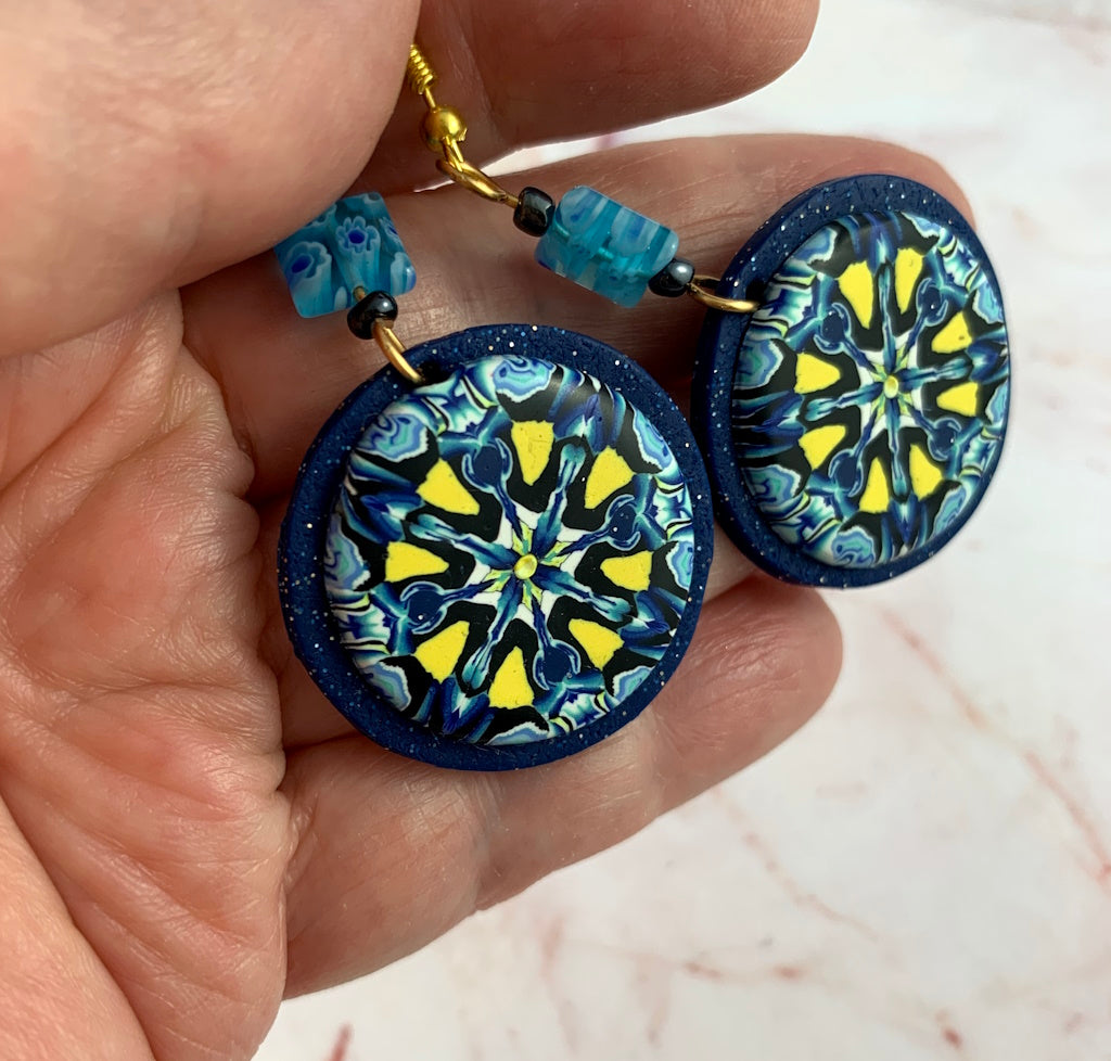 Round blue and yellow earrings