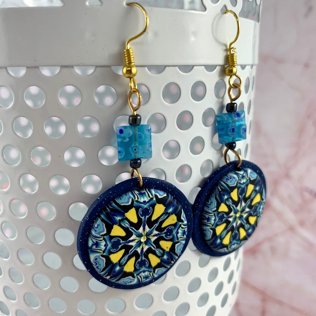 Round blue and yellow earrings