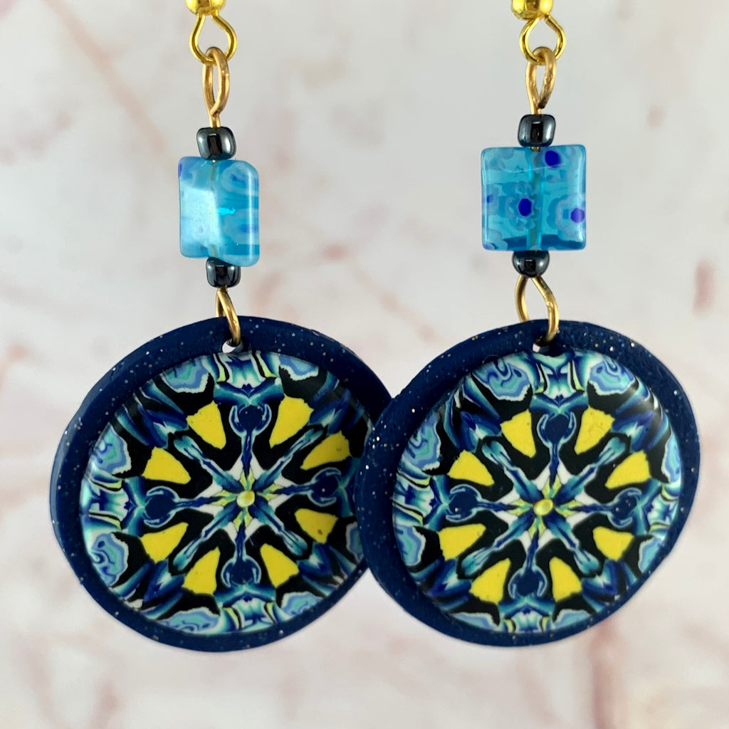 Round blue and yellow earrings