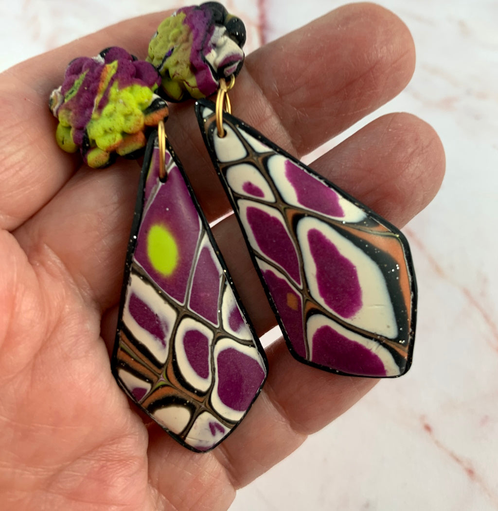 Long Abstract Purple and Mustard Earrings