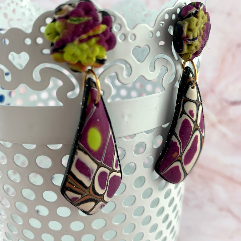 Long Abstract Purple and Mustard Earrings