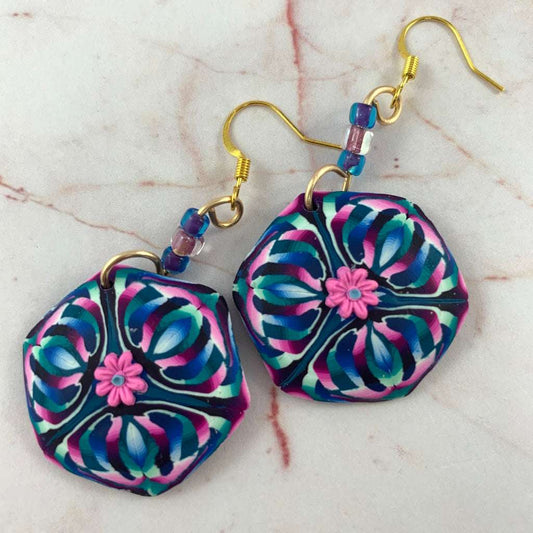 Ladies fashion earrings in pink purple and blue, bold handmade statement jewellery with artistic floral design