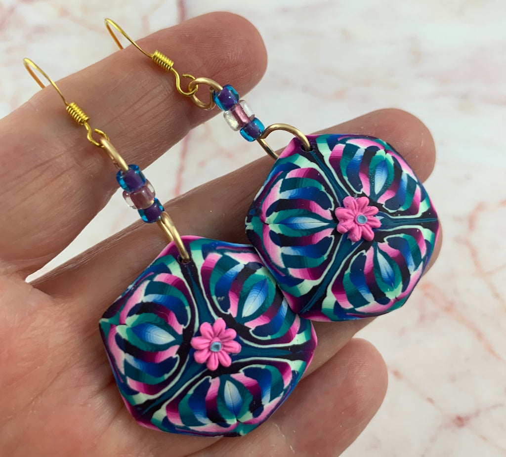 Pink flower polymer clay earrings with intricate layered design, handmade statement jewellery