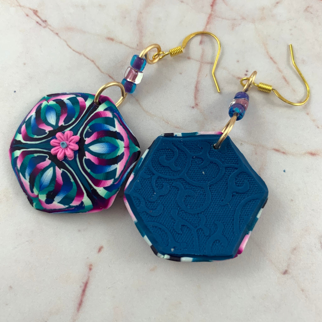 Handmade statement earrings in pink purple and blue tones, unique artisan wearable art jewellery