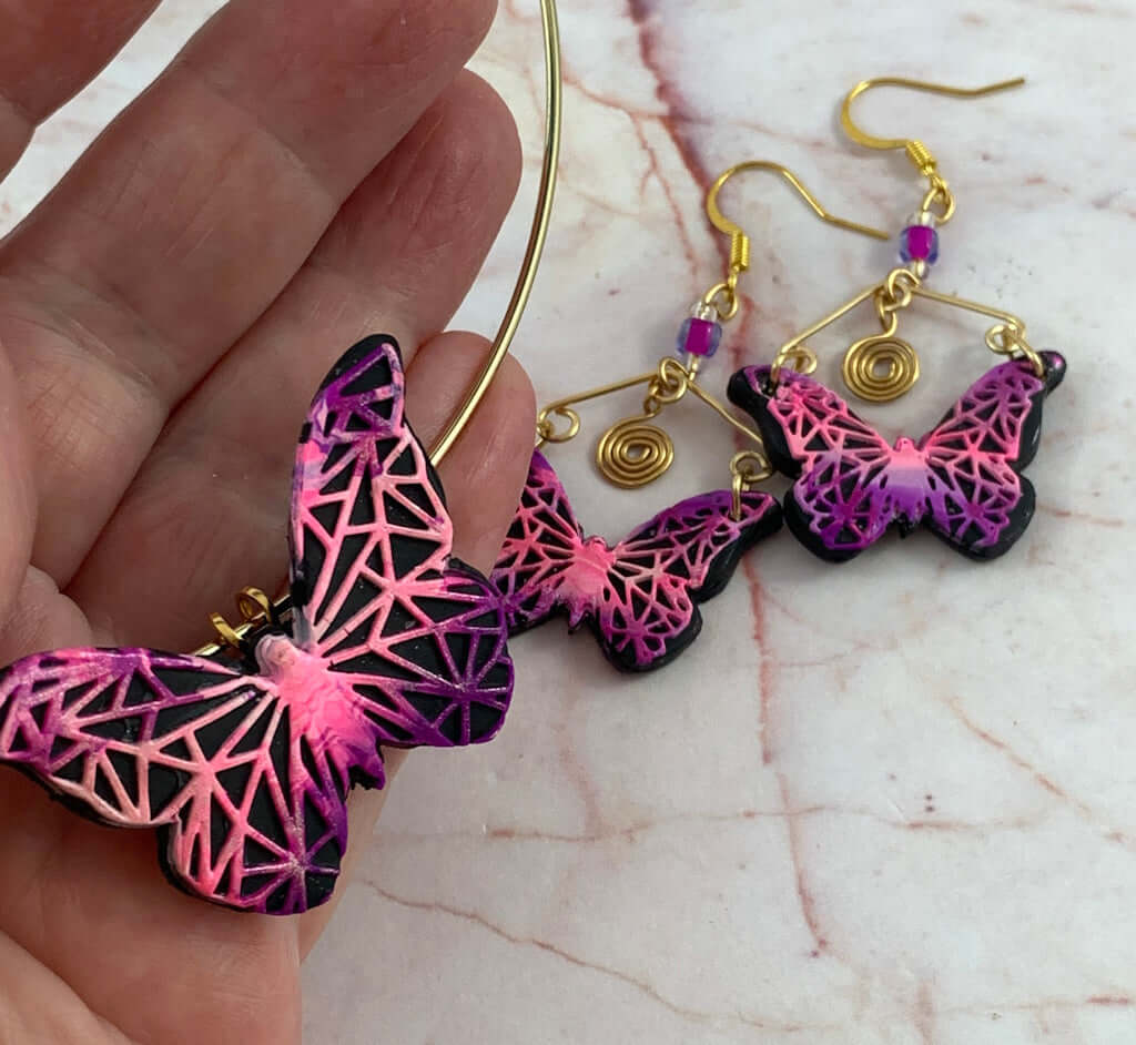 Pink purple butterfly jewellery set including earrings and pendant brooch, handmade in Australia