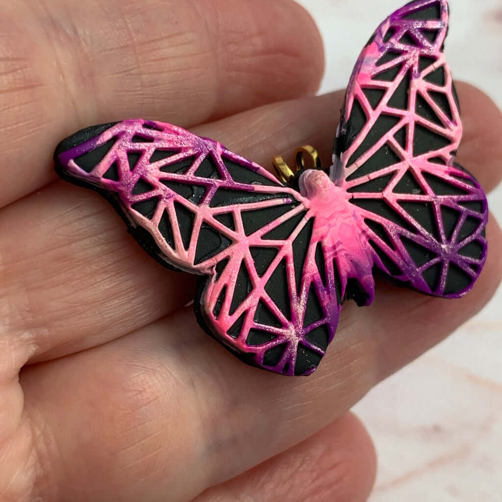 Pink purple butterfly pendant with geometric pattern, handmade polymer clay necklace jewellery