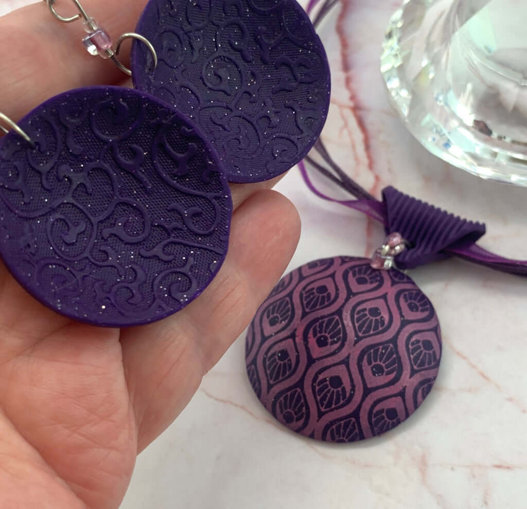Pink purple earrings back detail with matching pendant set, handmade polymer clay jewellery Australia