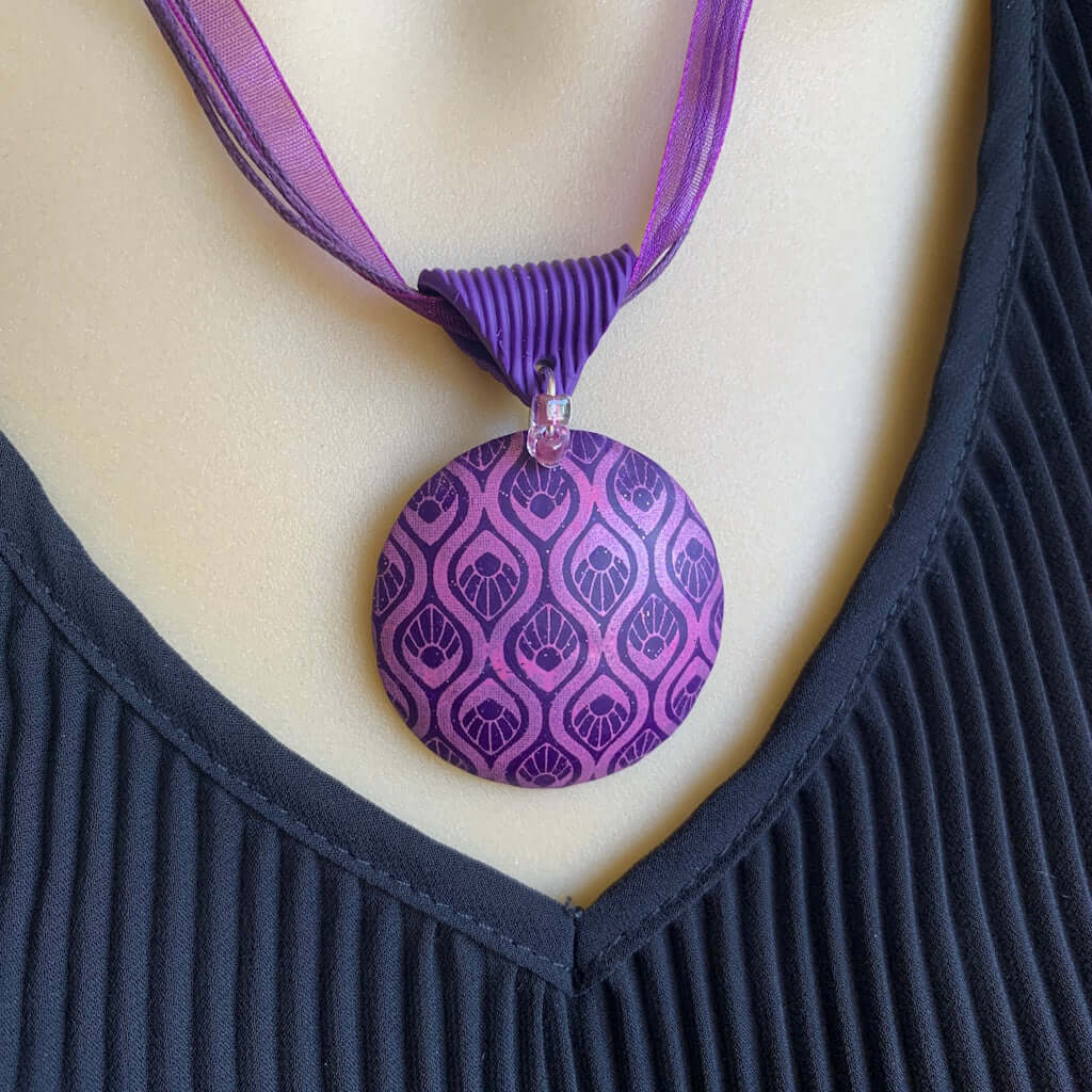 Pink purple feature pendant on necklace, handmade fashion jewellery with enamel inspired repeating pattern Australia