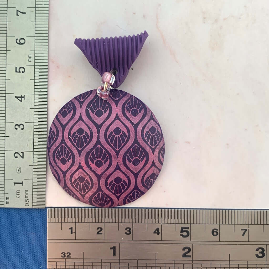 Pink purple feature pendant with size measurement, handmade statement necklace with enamel effect pattern Australia