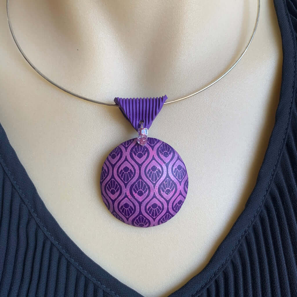 Pink purple handmade feature pendant with modern statement design and enamel style pattern jewellery