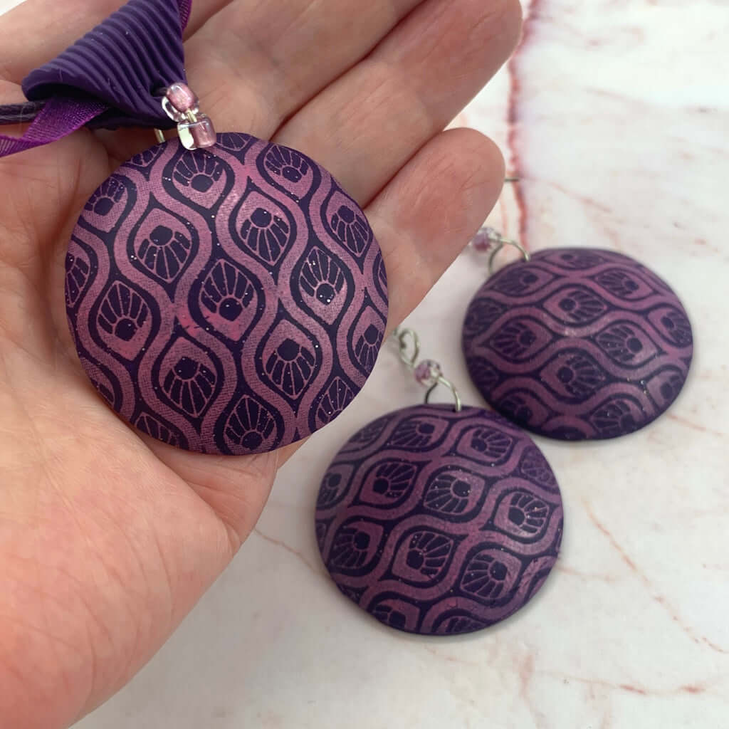 Pink purple pendant and earrings matching jewellery set, handmade in Australia with enamel style pattern