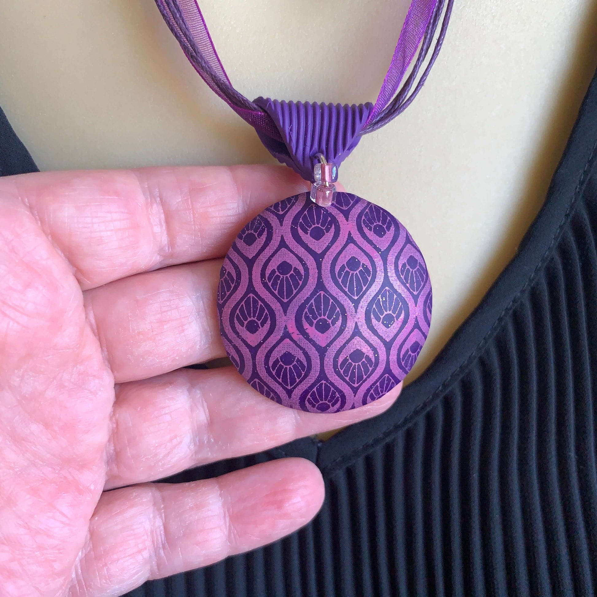 Pink purple geometric patterned pendant necklace, handmade polymer clay statement jewellery Australia