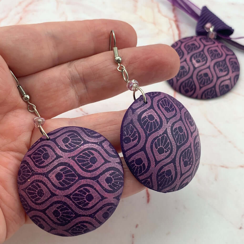 Pink purple round earrings lightweight polymer clay handmade jewellery with detailed repeating pattern