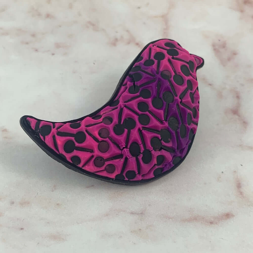 Pink and purple bird brooch handcrafted polymer clay jewellery by Rennique Australia, unique statement wearable art