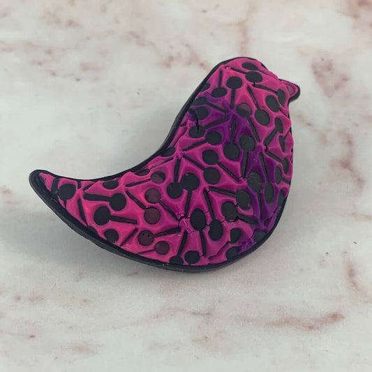 Pink and purple bird brooch handcrafted polymer clay jewellery by Rennique Australia, unique statement wearable art