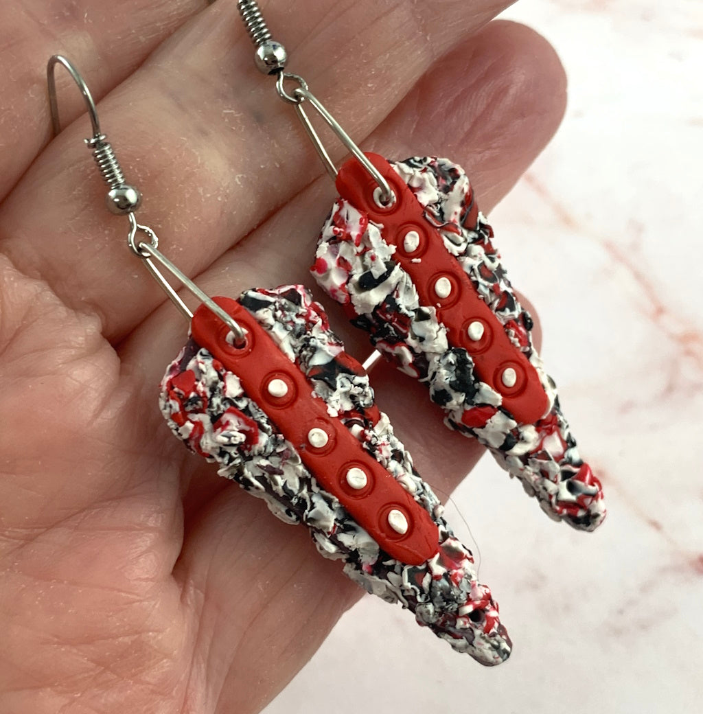 Rennique bold structural polymer clay earrings in high-contrast red, black and white wearable art design